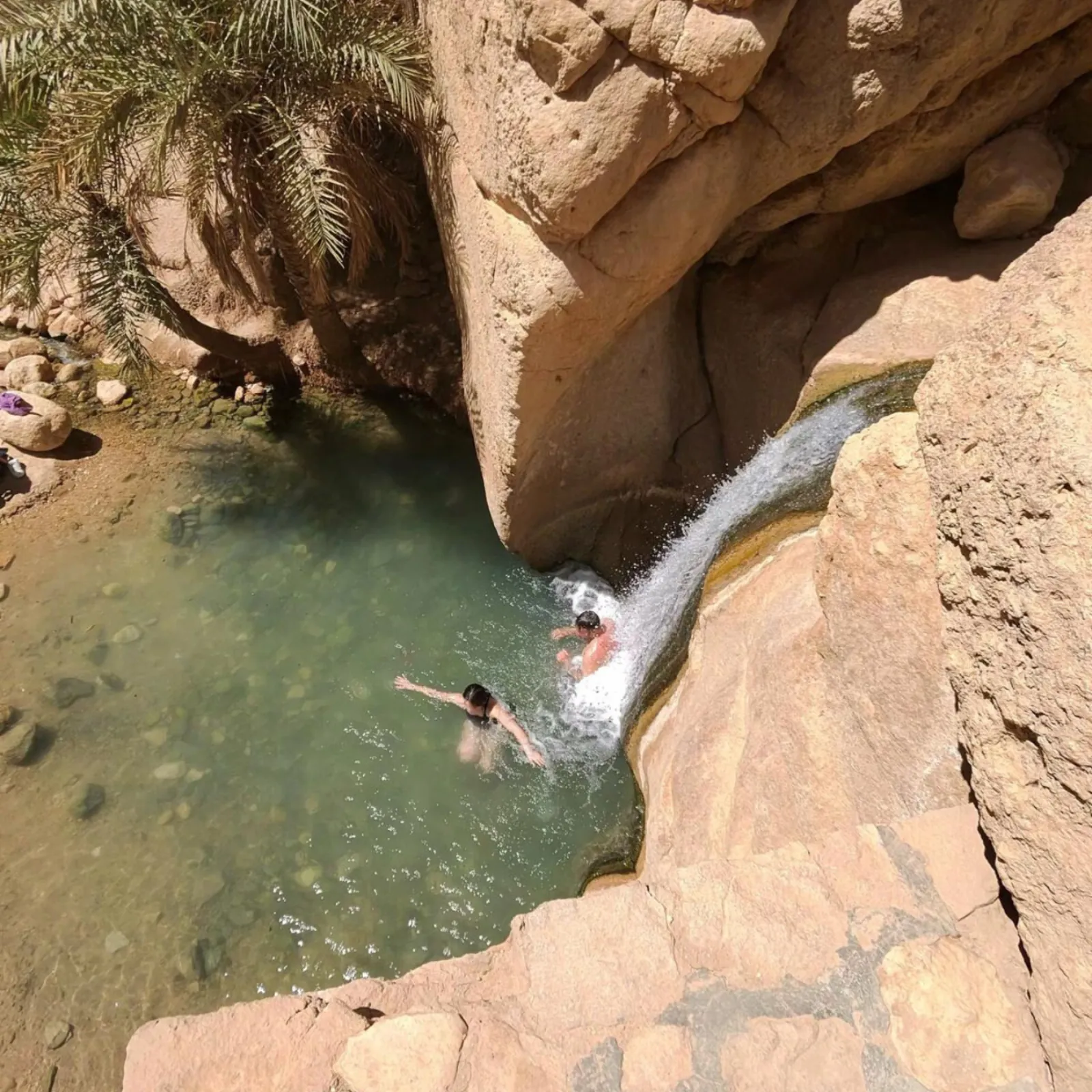 Swimmers under the waterfall in the rock pool at the Chebika oasis