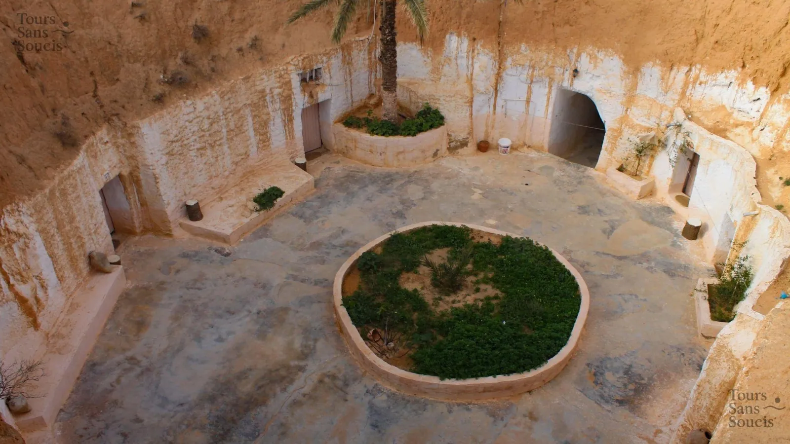 Looking down into a Matmata troglodyte courtyard, dug as an open pit with rooms off the sides